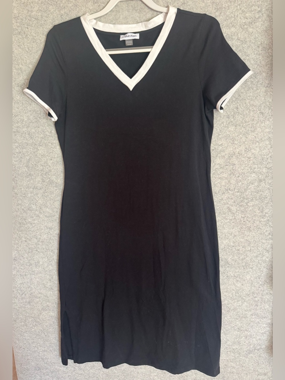 Calvin Klein Black V-Neck Short Sleeve Midi Dress with White Trim